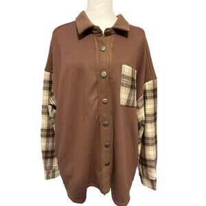 Papermoon Shacket Women’s Size Large Brown Plaid Sleeves & Pockets Mix Media NWT